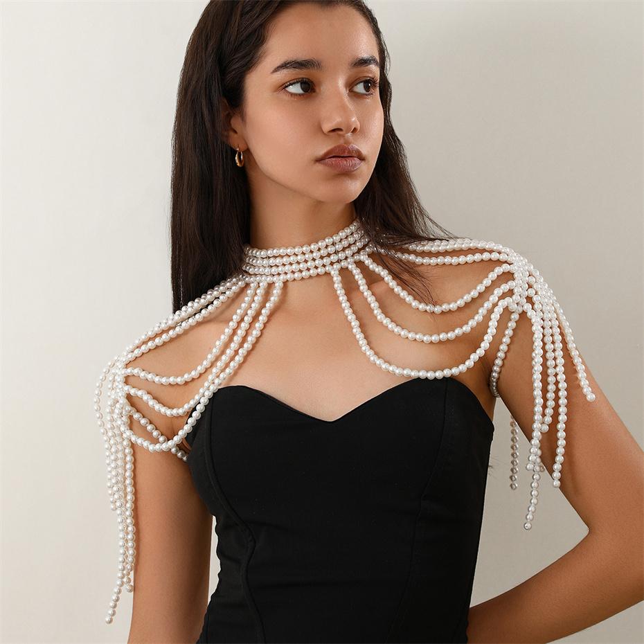 Ingemark Elegant Multilayer Imitation Pearl Shoulder Chain Necklace for Women Wed Bride Goth Tassel Neck Rave Party Body Jewelry