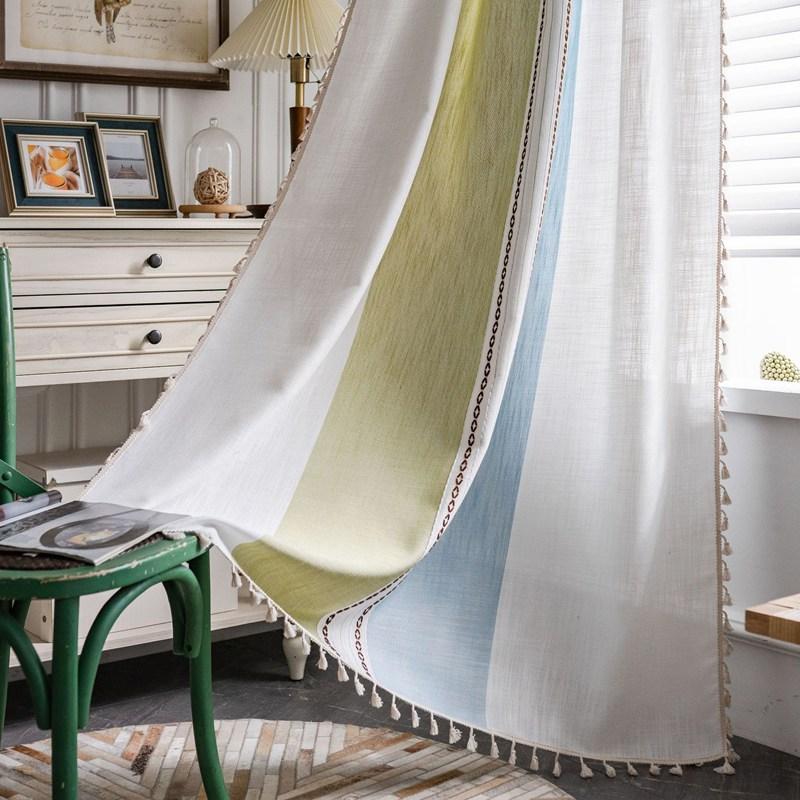 

American Style Thick Cotton Linen Stripe Blackout Window Curtains with Tassel Bedroom Kitchen Drapes Curtains In The Living Room W132 x H45cm&Punching