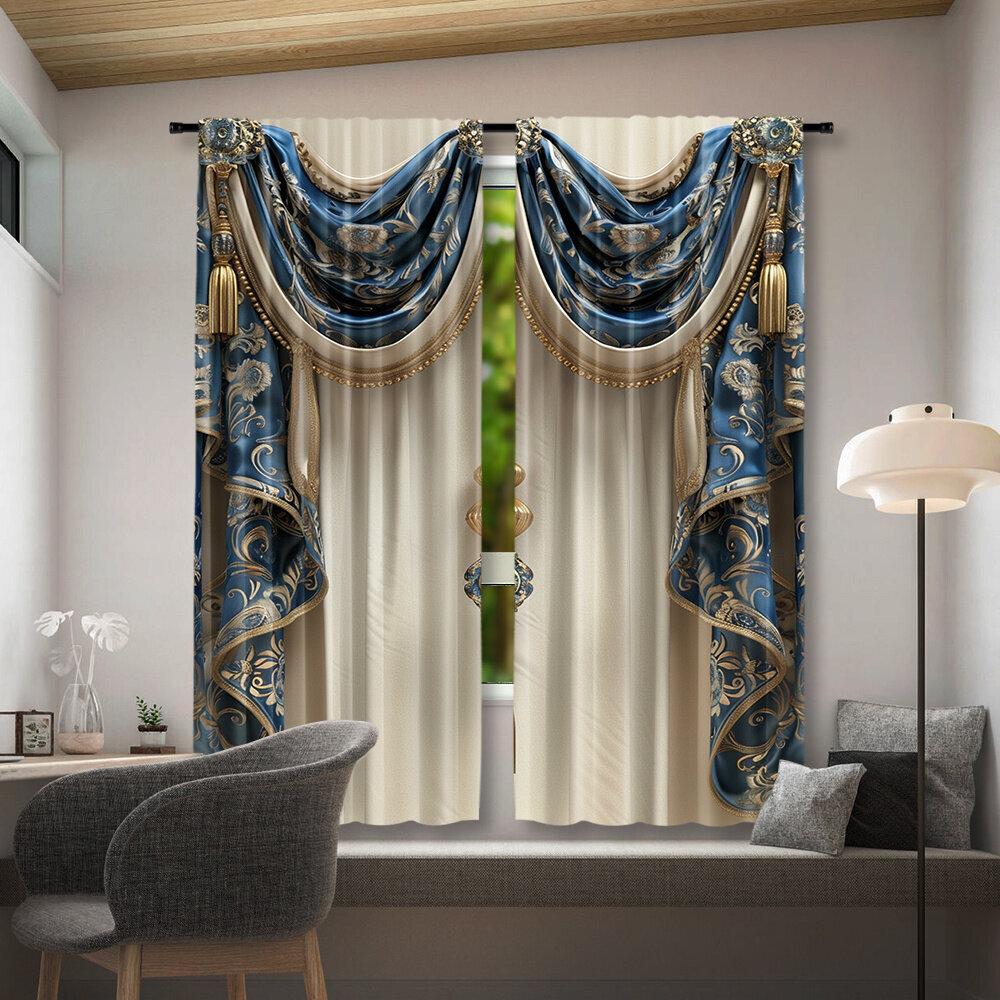 

2 шт. ретро сині шторні штори з китицями, дизайн з кишенею для карниза, матеріал поліестер, спальня, домашній декор 24x59in(60x150CM)x2&Rod Pocket