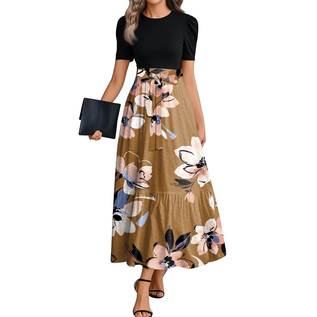Women's Floral Print High Waist Fashionable And Elegant Dress