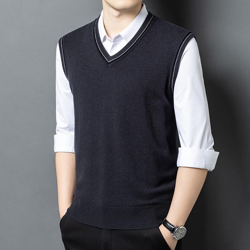 100% Wool V-Neck Knit Sweater Vest - Autumn 2025 Business Casual for Middle-aged Men