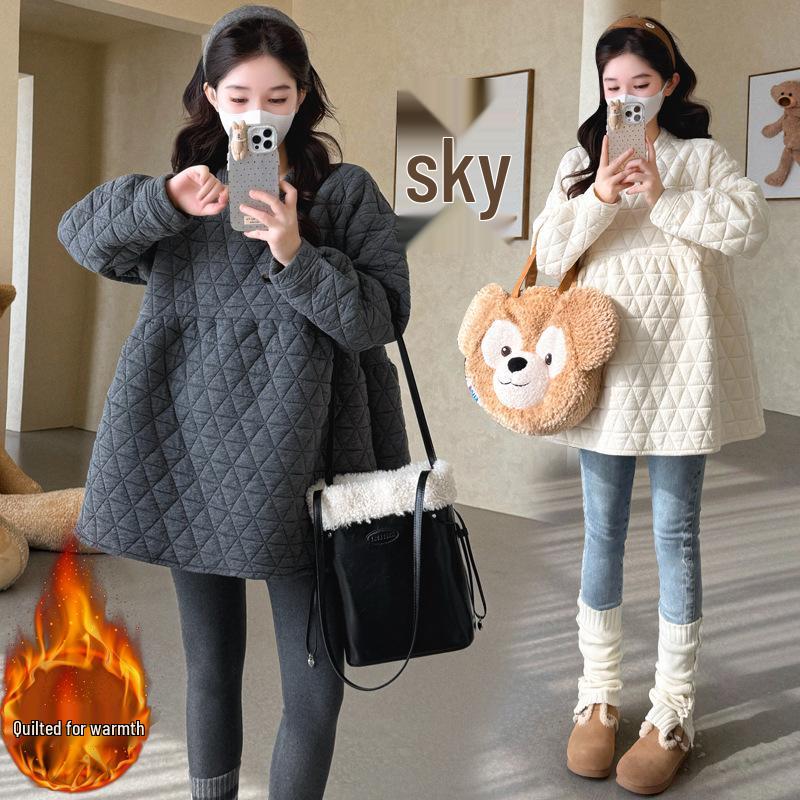 2026 Winter Maternity Slim Fit Quilted Hoodie - Korean Style Mid-Length Warm Maternity Shirt