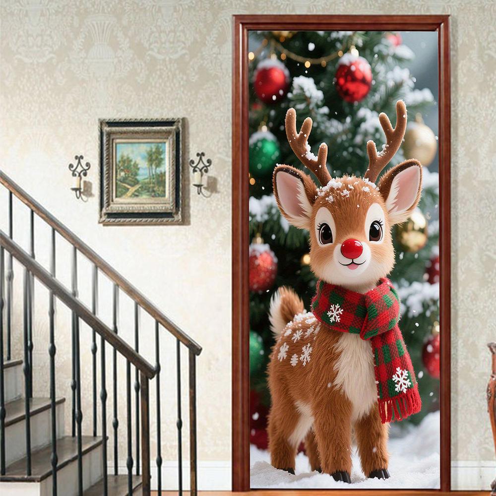 Christmas Santa Claus PVC Self-Adhesive Waterproof Door Sticker Modern Simulation Door Mural Wallpaper Living Room Study Home Decor Art Door Poster