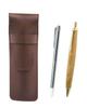 Grained Chocolate Colored Cowhide Leather Pen Case with Metal Pointer and Retro Maple Wood Barrel Ballpoint Pen Set (SASTYO-701S-HS47S)