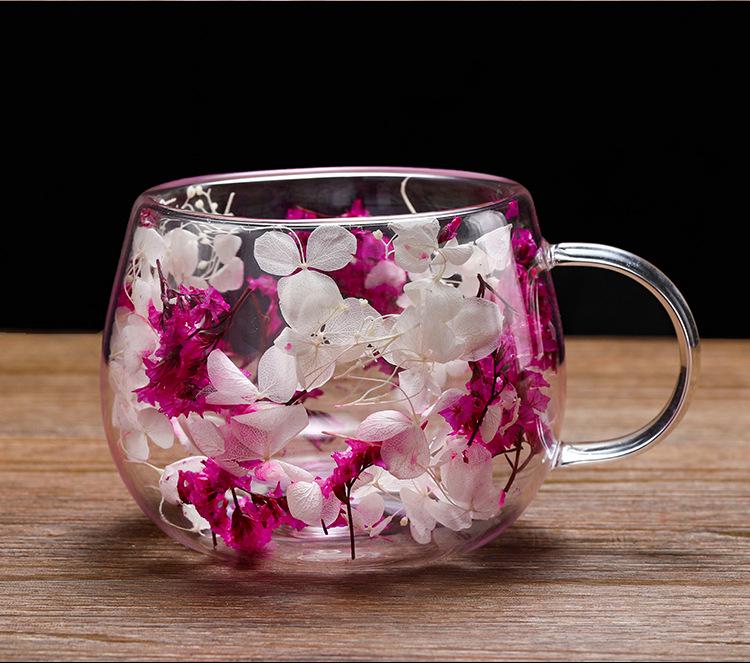 Creative Double-Layer High Borosilicate Glass Cup with Real Dried Flowers, Ideal for Milk or Juice