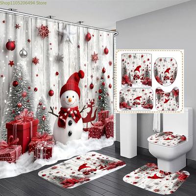 1/3/4pcs Christmas Snowman Design Bathroom Set: Shower Curtain, Toilet Cover, Bath Mat, with 12 Plastic Hooks, 182.88cm X 182.