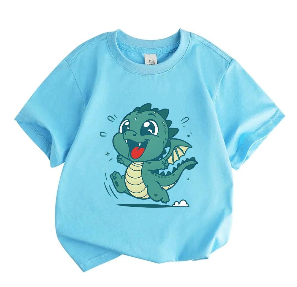 Kids Boys Girls Cute Jumping Cartoon Dragon Print T-Shirt 100% Cotton Short Sleeve O-Neck Casual Summer Soft Breathable Tee Tops for Toddler Youth Chi