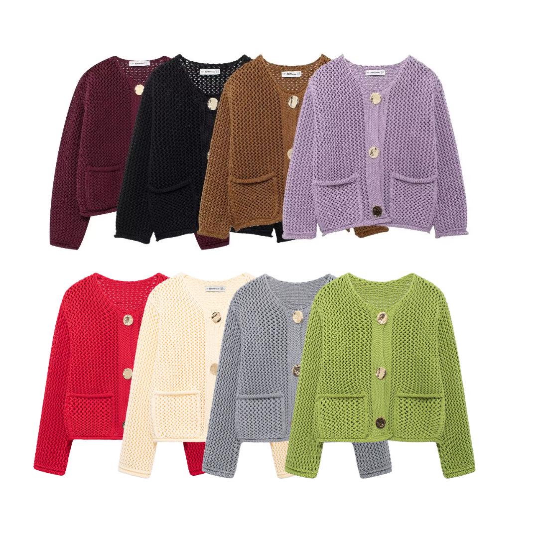 

European & American Style Women s Round Neck Knitted Cardigan - Thick, Single-Breasted, Hollow Design Medium светло-фиолетовый