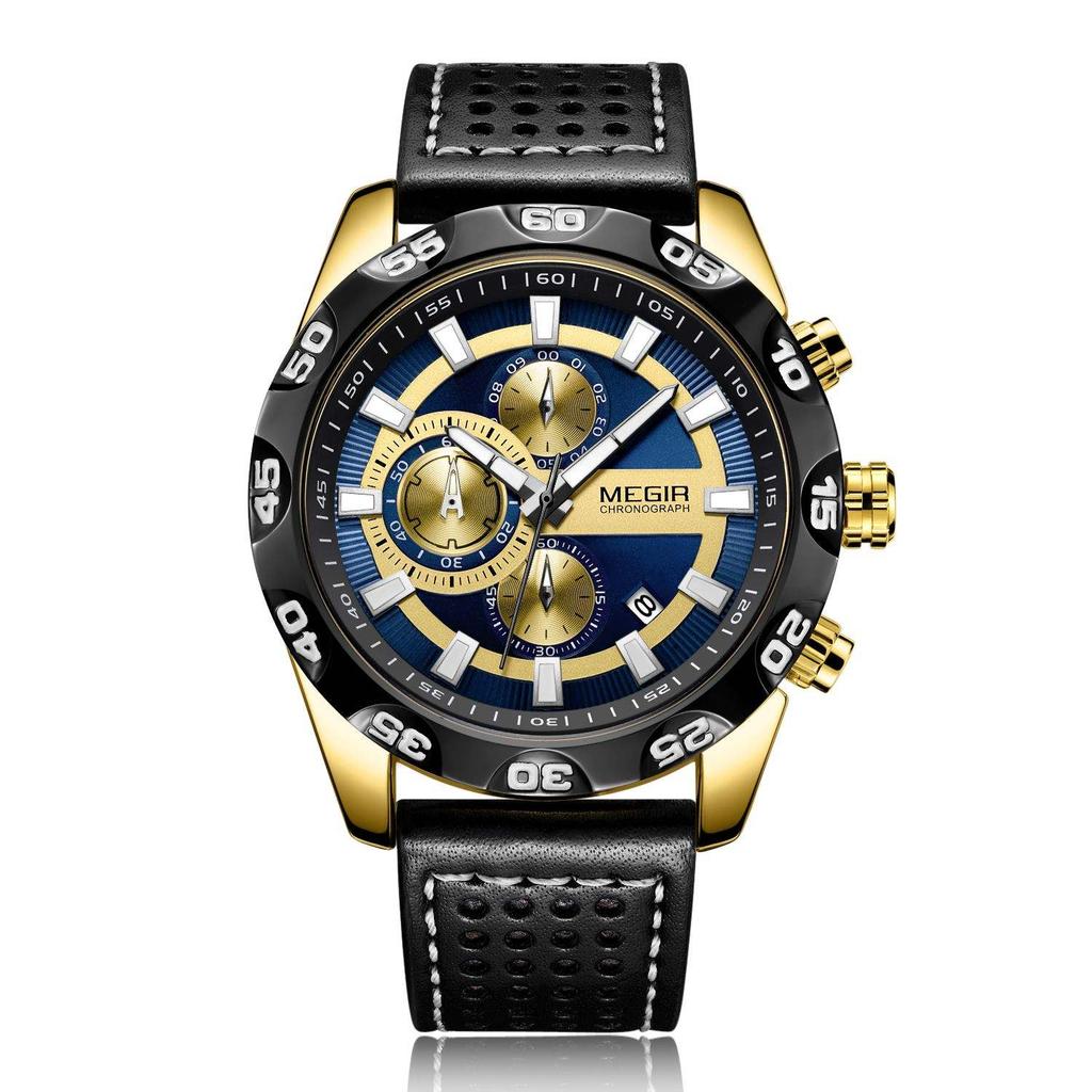 Men's Sport Quartz Chronograph Watch Multi-function Waterproof Wristwatch with Leather Strap and Date Display
