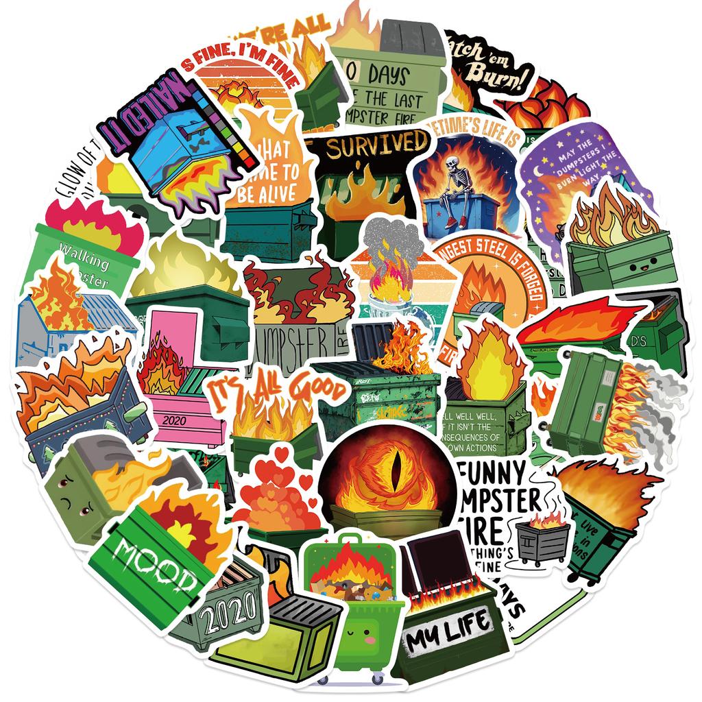 50 Cartoon Trash Can Fire Graffiti Stickers Guitar Notebook Suitcase DIY Waterproof Stickers