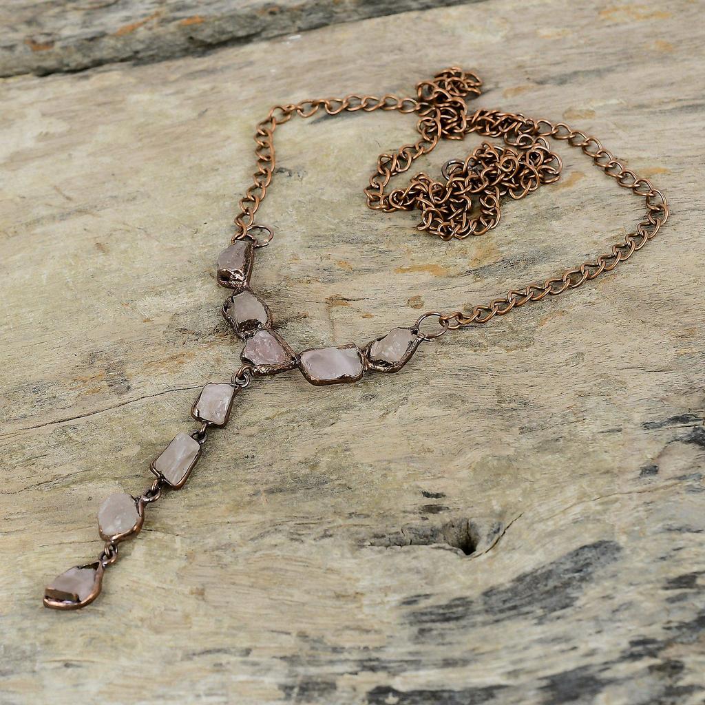 Collar de Cuarzo Rosa en Bruto Collar de Cobre Electroformado Collar de Cadena Ajustable Joyería Electroformada Hecha a Mano Collar de Piedra Preciosa Para Regalo
