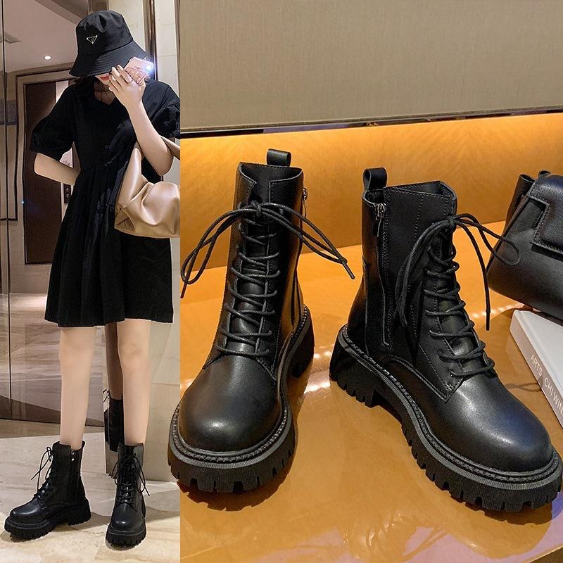 Locomotive boots lace-up fashion short boots student platform new short Martin boots women's versatile British style black