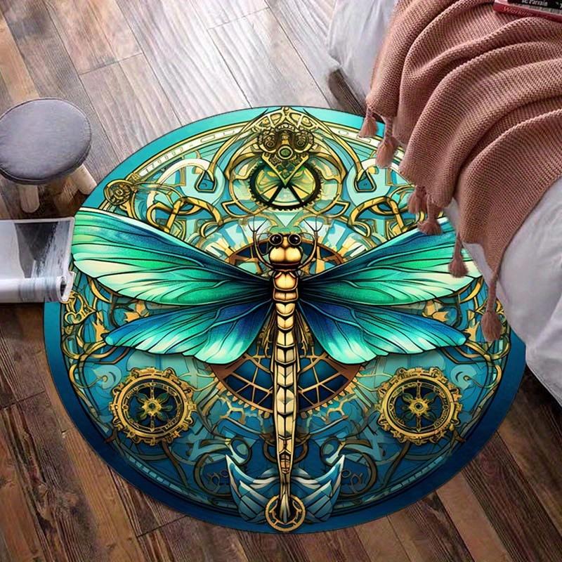 

Crystal velvet round rug steampunk dragonfly mandala design living room bedroom decor unique art rug anti slip floor mat 3D 120cm