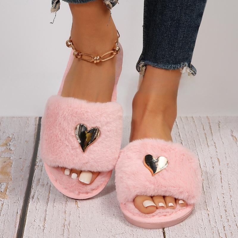 New High-end Fashion Love-decorated Plush Slippers for Women with Open Toes Soft and Comfortable, Lightweight, Suitable for Bedroom, Living Room, Home