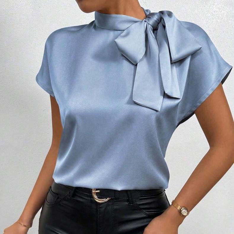 

Атласная рубашка женская летняя 2025 с короткими рукавами и бантом, женская одежда XL