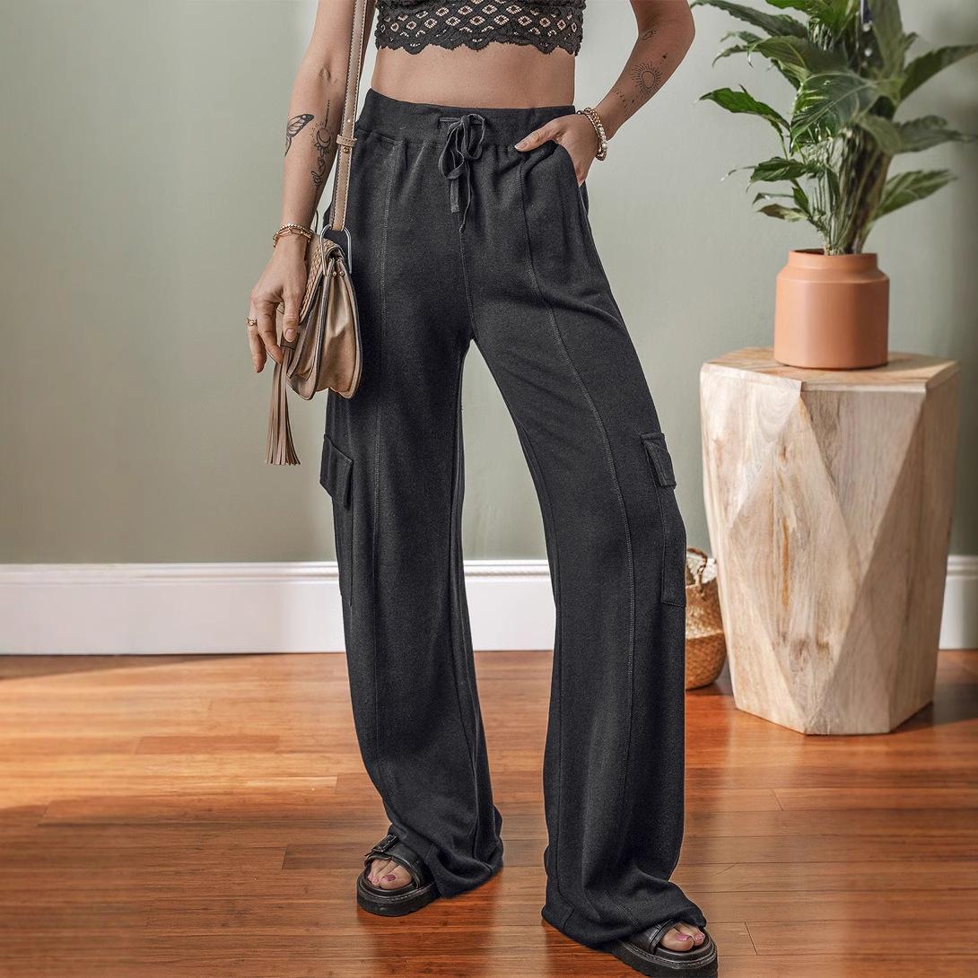 

Shiying High-Waist Casual Drawstring Wide-Leg Pants for Women Small серый