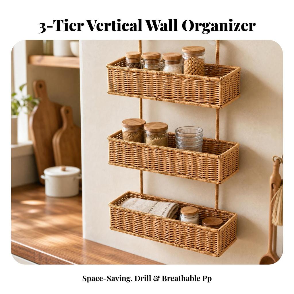 Vertical Storage Organizer Multi-Purpose Three-Tier Wall-Mounted Basket
