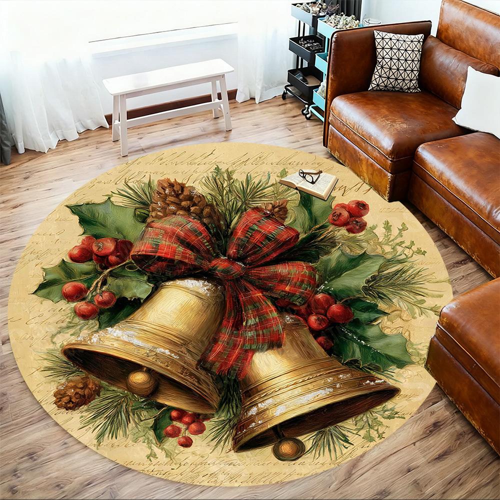1PC Christmas bells Holly berries Office Round Area Rug, Under Office Chairs Bedroom Living Room Home Decor, Carpet for Office -1110156