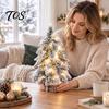 Indoor Small Decorative Pine Trees Mini Flocked Christmas Tree with LED Lights, Tabletop Nordic Holiday Party Home Office Decoration Wood Base, Rustic
