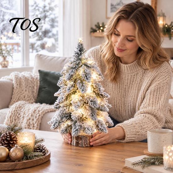 Indoor Small Decorative Pine Trees Mini Flocked Christmas Tree with LED Lights, Tabletop Nordic Holiday Party Home Office Decoration Wood Base, Rustic