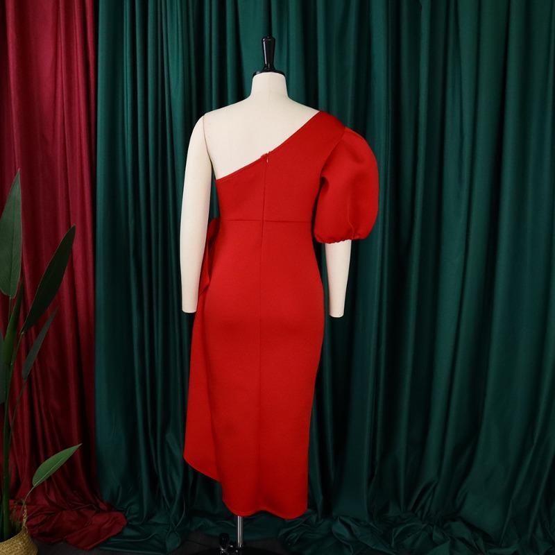 Abito da cocktail midi elegante da donna, monospalla, con maniche a sbuffo, vita alta e spacco