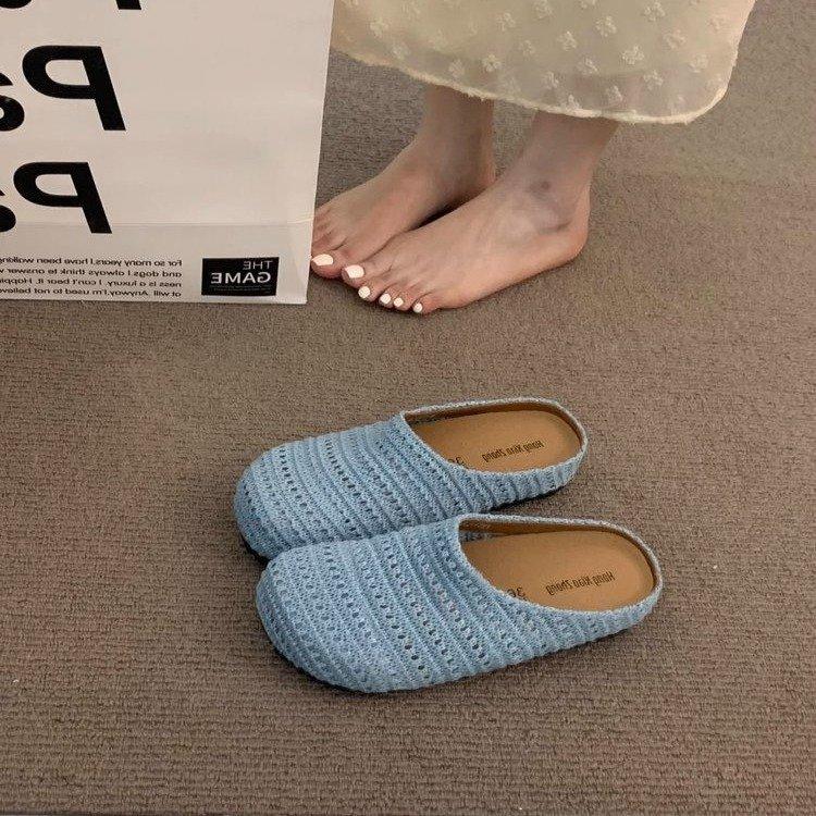 French niche hand-woven hollow breathable bag head half slippers women's summer wear Roman style thick-soled Boken shoes