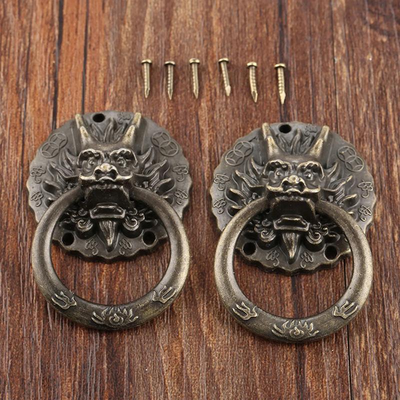 2 stk Antikk Bronse Dragehode Håndtak Gammel Kinesisk Stil Vintage Skufferinger Skapdør