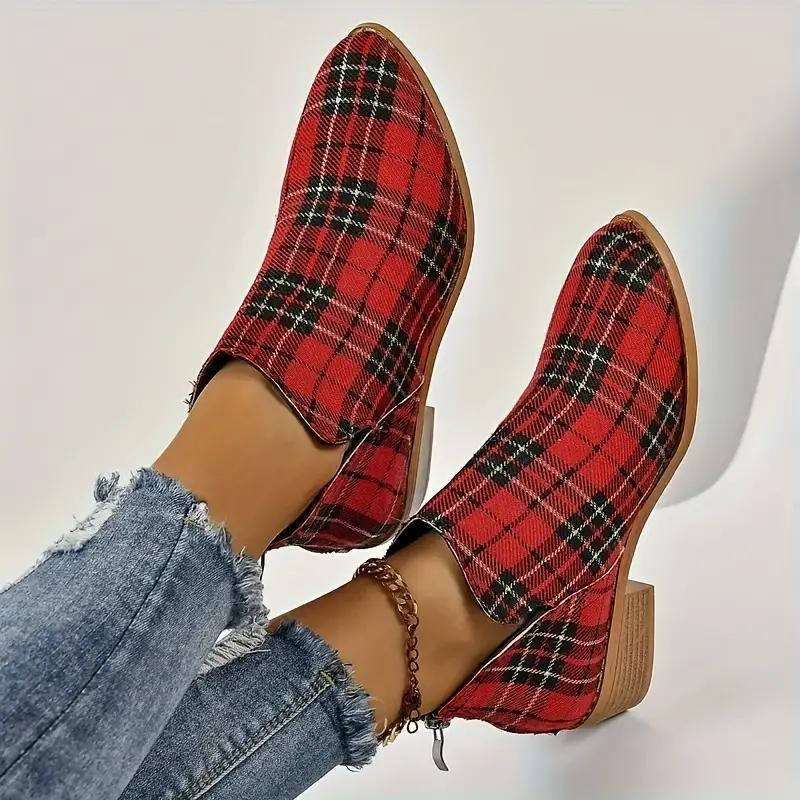 Fashion Ankle Boots Women's Christmas Plaid Print Zipper Retro Red Plaid Chelsea Boots Outdoor Platform Shoes Classic Side Booties
