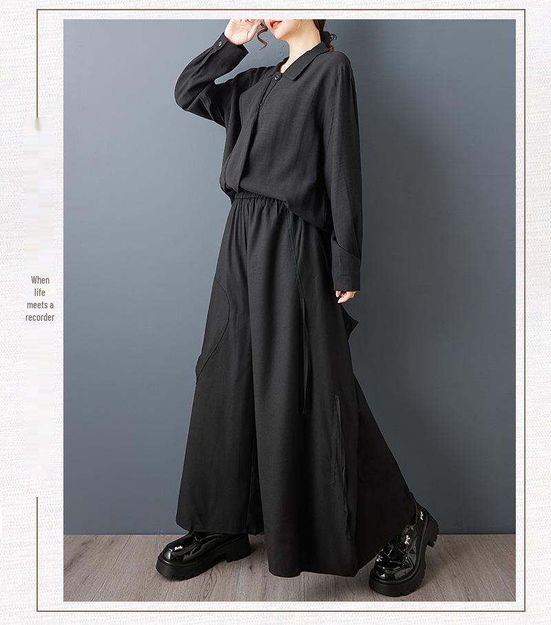 Spring Dark Style Niche Design: Loose Lapel Sashes Shirt & Wide Leg Pants Set