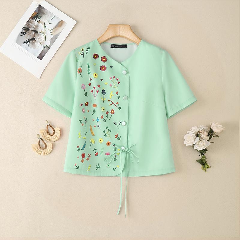 

ZANZEA Women Summer V-Neck Floral Print Casual Short Sleeve Blouse S зелёный
