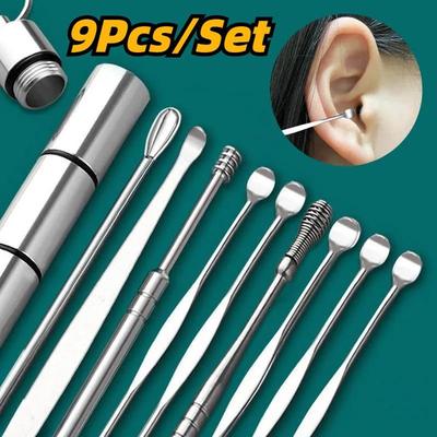 9 Teile/satz Ohr Wachs Pickers Edelstahl Earpick Wachs Entferner Piercing Kit Ohrenschmalz Kürette Löffel Pflege Ohr Sauber Werkzeug Einfach Tragen