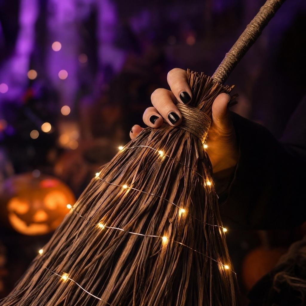Halloween Light Up Witch Broomstick with LED String Lights for Holiday Party Indoor Outdoor Decoration Prop Requires Batteries