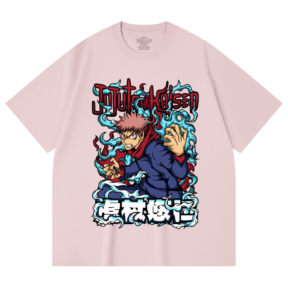 230 Gsm 100% Cotton Jujutsu Kaisen V50 Yuji Print Unisex Heavy Cotton T Shirt