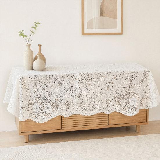White Lace Tablecloth, Square Scalloped Floral Lace Doily, Elegant Vintage Table Cover for Nightstand End Table Tea Party Home Decor
