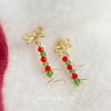 Gold Plated Christmas Tree Beaded Ear Clips - Handmade Bow Design for Non-Pierced Ears