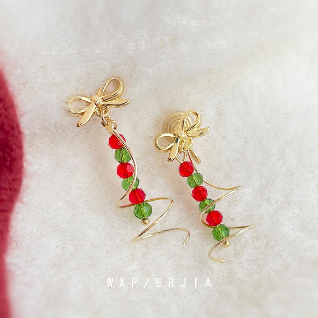 Gold Plated Christmas Tree Beaded Ear Clips - Handmade Bow Design for Non-Pierced Ears