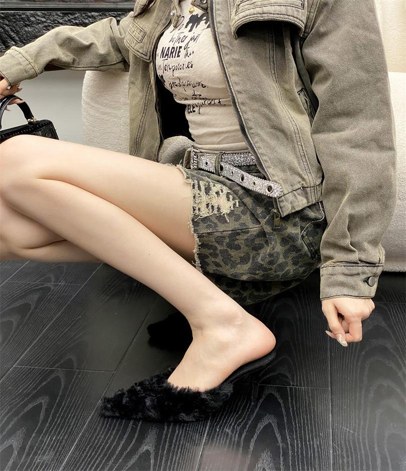 New slippers women's fashion temperament beautiful color fluffy half slippers women's stiletto high heel bag drag high heels autumn