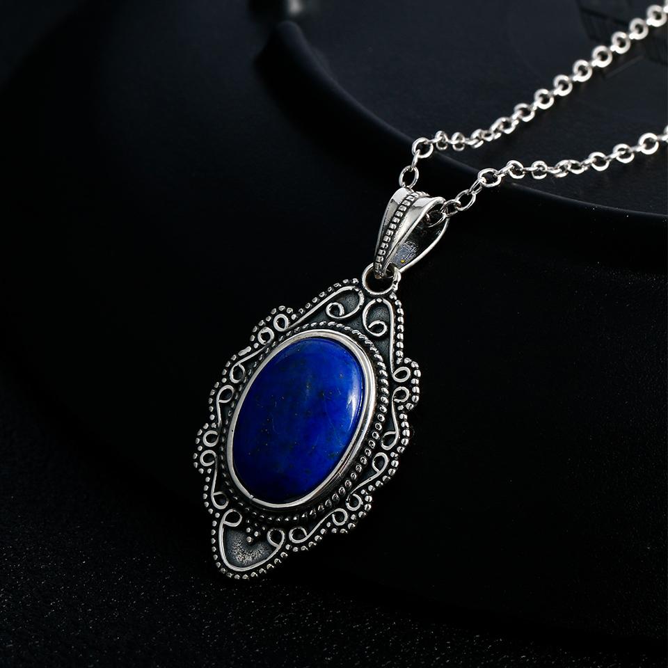 925 Sterling Silver Necklace Vintage Oval Lapis Pendants Necklace Jewelry For Women Party Birthday Gifts Fine Jewelry