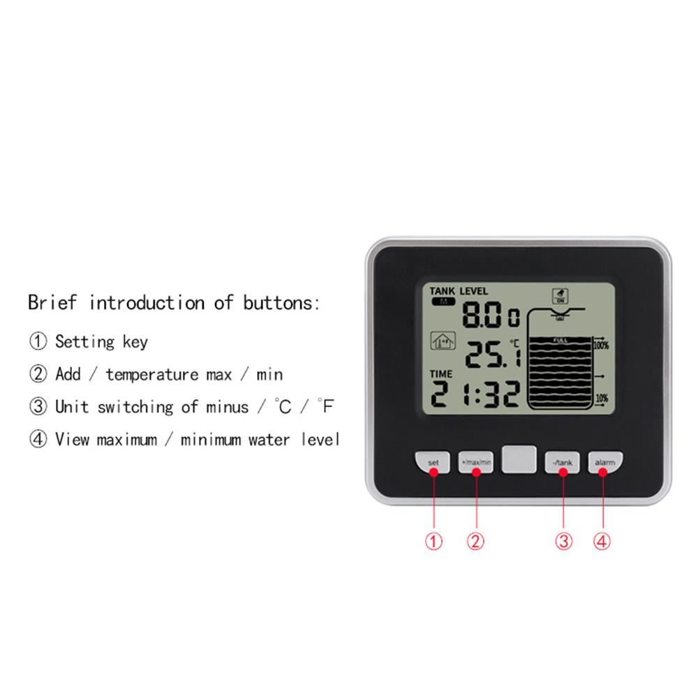 Ultrasonic Wireless Water Tank Liquid Level Meter With Temperature Sensor Level Monitor Time Display Low Battery Indicator Alarm