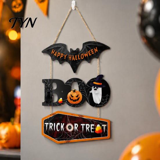 Outdoor Halloween Door Decor Happy Wooden Sign, Cute Bat Ghost Pumpkin Boo Hanger, Trick Scary Front or Treat Wall Hanging Sign for Party, Door, Home