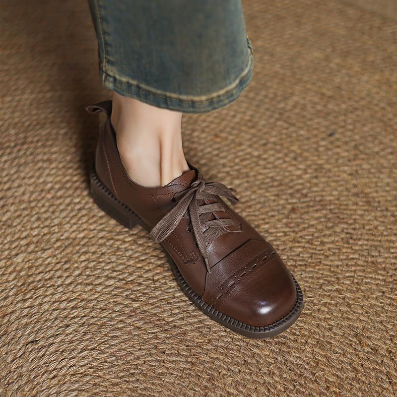 Fashion Genuine Leather Women Oxford Shoes Spring 2025 New Thick Heels Shoes Classic Lace-Up Vintage Office Dress High Heels Women Pumps