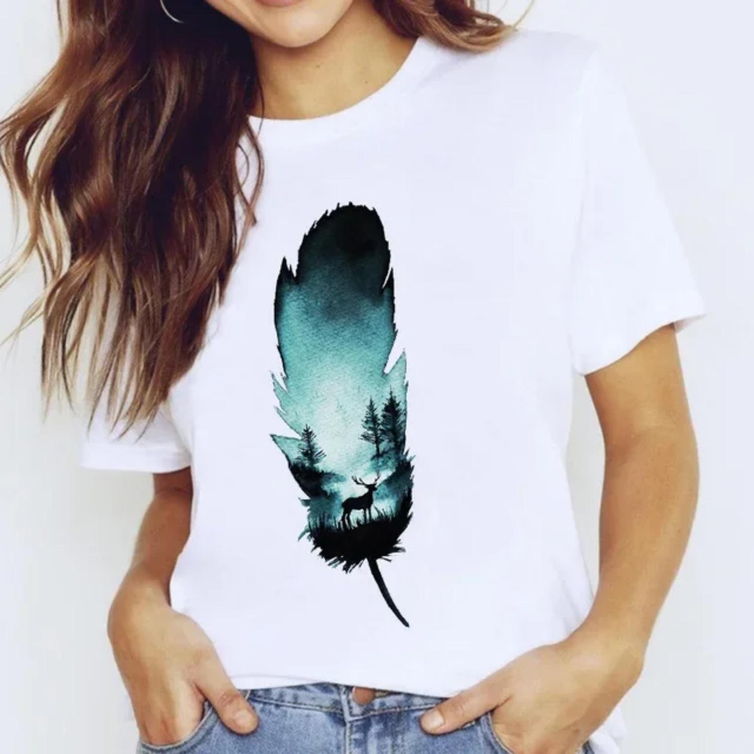 Fashionable White Short Sleeve Crew Neck T-Shirt Women s Print Design Cross-Border Bestseller New Arrival Casual Wear S