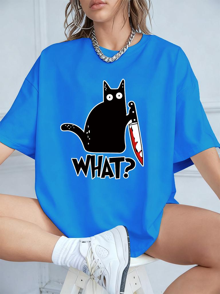 Schwarze Katze mit Messer Aufdrucken Kurzarm T-Shirts Damen Sommer Baumwolle T-Shirts Locker O-Ausschnitt Weiche Oberteile Streetwear