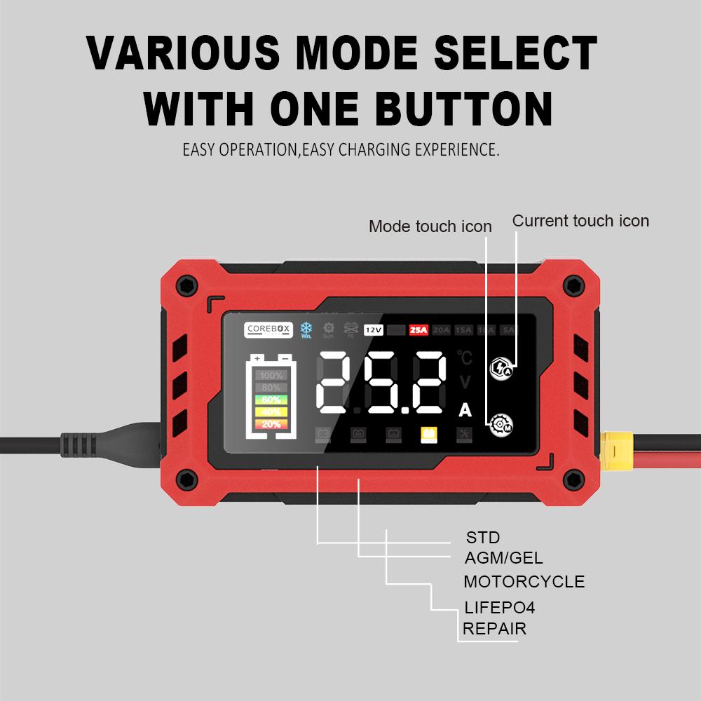 12V-24V 25A /15A Autobatterieladegerät Booster Touchscreen Impulsreparatur Schnellladung für AGM GEL Blei-Säure LiFePO4