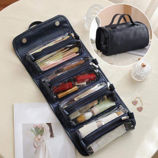 Foldable Cosmetic Bag Women 4-in-1 Travel Makeup Bag Waterproof Cosmetic Organizer with 4 Detachable Compartments for Vacation Business Trip
