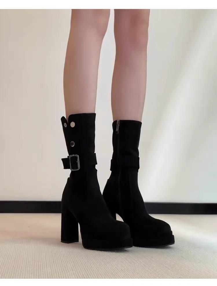 

Small thick-soled thick-heeled short boots women s 2025 new autumn retro suede and elastic thin boots 34