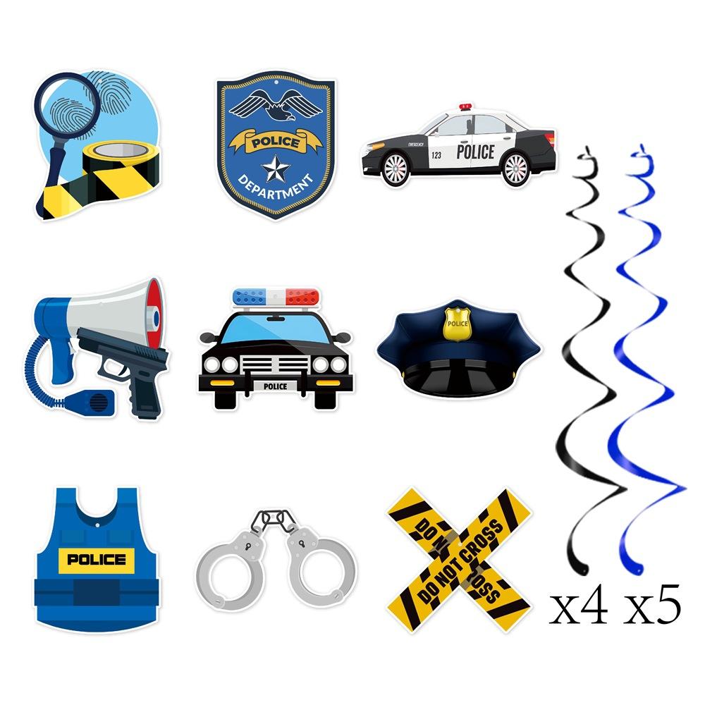 Police-themed party banners, children's birthday decorations, flag-pulling police spiral tags