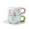 Hand Painted Relief Flower Bow Ceramic Coffee Cup Saucer Creative Hand Twist Handle Afternoon Tea Cup Saucer