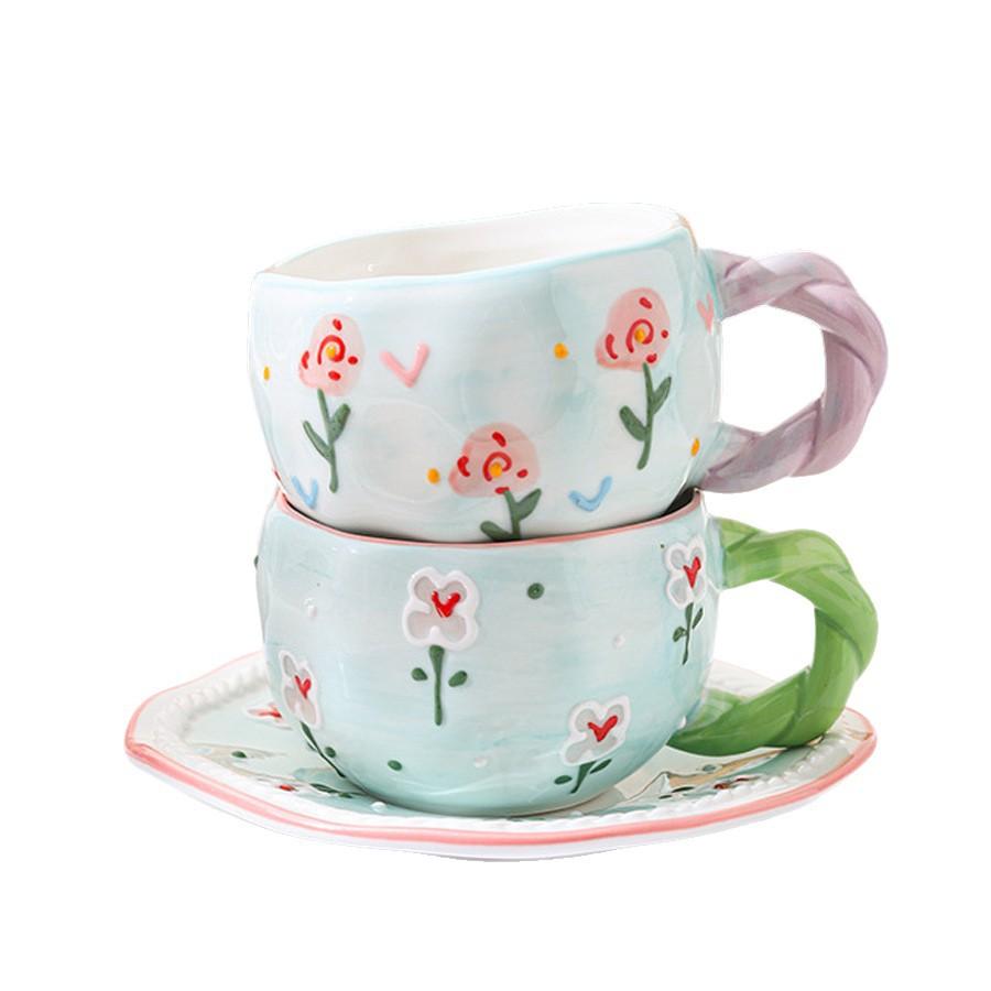 Hand Painted Relief Flower Bow Ceramic Coffee Cup Saucer Creative Hand Twist Handle Afternoon Tea Cup Saucer