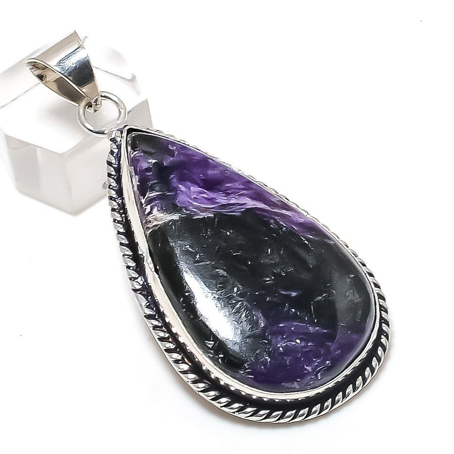 Russian Charoite Gemstone 925 Sterling Silver Jewelry Pendant 2.48"